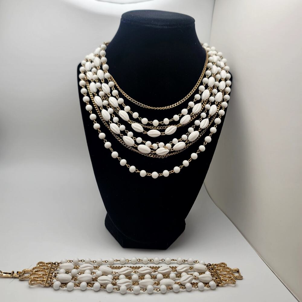 Vintage Coro 8-Strand Milk-White Lucite and Gold Tone Necklace and Bracelet